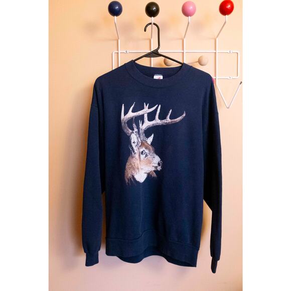 Vintage Buck Crewneck Sweatshirt – Navy Blue Jerzees Deer Made in USA - Picture 1 of 7